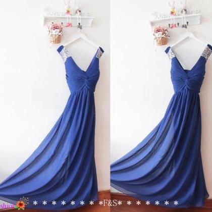 Custom Made Royal Blue Chiffon Beaded Prom Dresses..