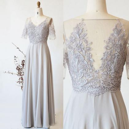 Sexy V-nekk Light Silver Lace Prom Dresses Custom..