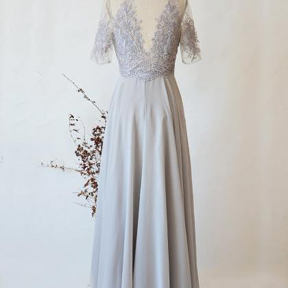 Sexy V-nekk Light Silver Lace Prom Dresses Custom..