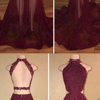 Sexy Backless Burgundy Lace Mermaid Prom Dress..