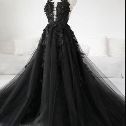 Black Tulle A Line Long Prom Dress Off Shoulder..