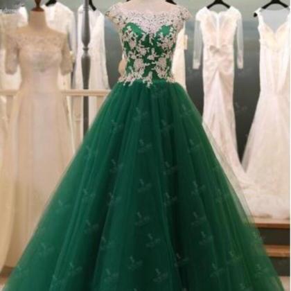 Stunning Sheer Neck Green Tulle Long Prom Dress ,..