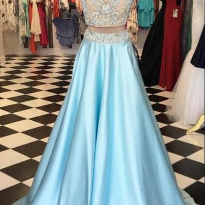Plus Size Two Pieces Blue Satin Long Prom Dress..