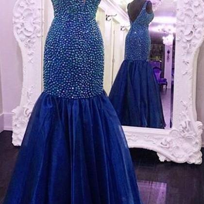 Charming Crystal Beaded Blue Tulle Mermaid Prom..