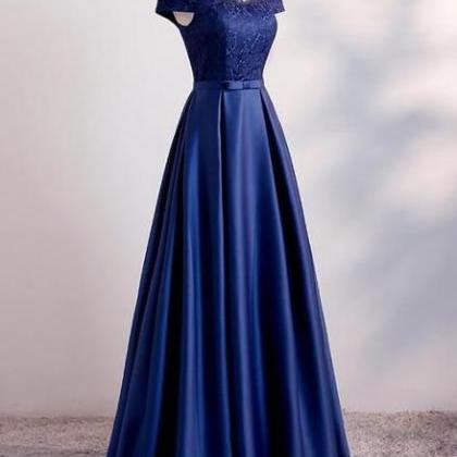 A Line Navy Blue Satin Long Prom Dress Custom Made..