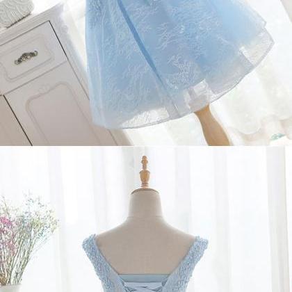 Sky Blue Lace Beaded Short Homecoming Dress ,..