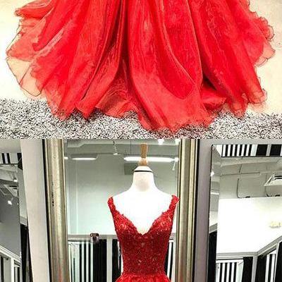 Sexy Red Organza Lace A Line Prom Dress V-neck..