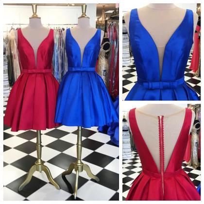 Royal Blue Satin Short Homecoming Dress , Mini..