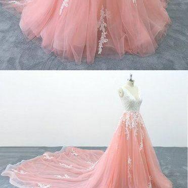 Custom Made Pink Tulle A Line Prom Dresses With..