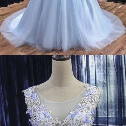Beaded Scoop Sky Blue Tulle Long Prom Dress Custom..