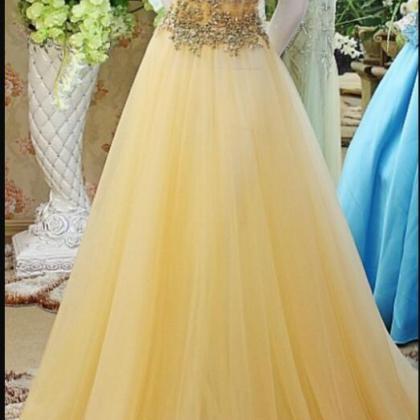 Charming Beaded A Line Yellow Tulle Long Prom..