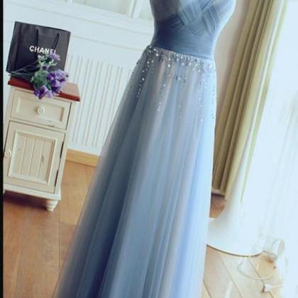 A Line Blue Tulle Ruffle Long Prom Dress Custom..
