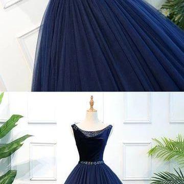 Navy Blue Tulle Long Prom Dress Custom Made Women..
