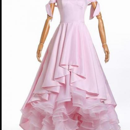 Pink Satin Skirts Tiers Long Prom Dresses Custom..