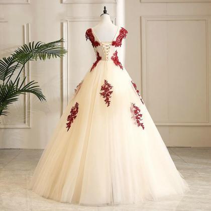 Fashion V-neck Ball Gown Long Prom Dress With Lace..