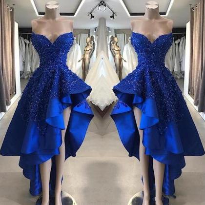 Luxury Beaded Royal Blue High Low Prom Dress..