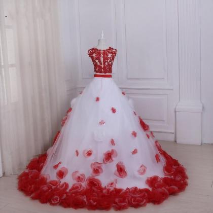 Two Pieces Long Prom Dresses Custom Made Red Lace..