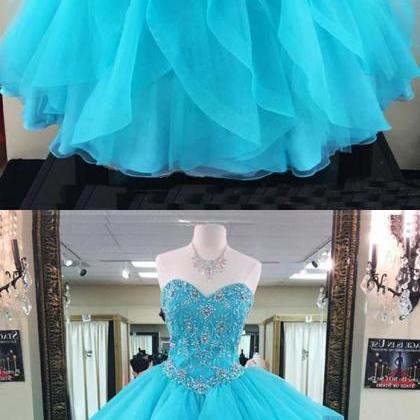 Stunning Blue Tulle Beaded Ball Gown Quinceanera..