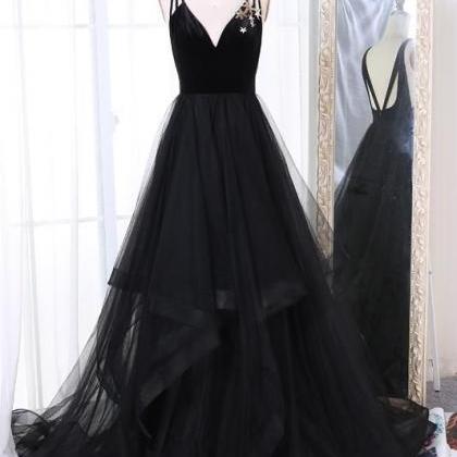 Black V-neck Tulle Formal Evening Dress Elegant Women Party Gowns Plus ...