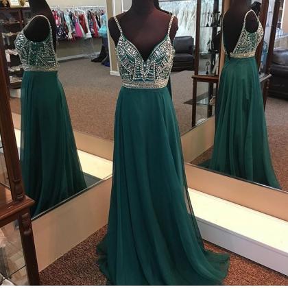 Sexy Backless Greeen Chiffon Beaded A Line Prom..