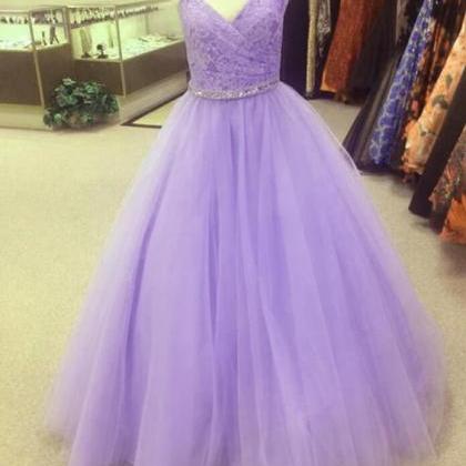 Sexy Lavender Tulle A Line Lace Beaded Long Prom..