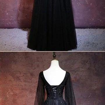 Black Tulle A Line Long Sleeve Evening Dress..
