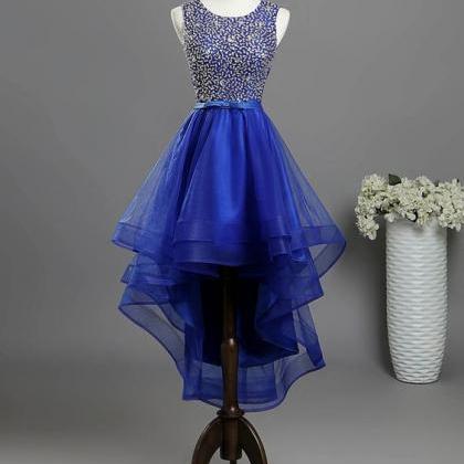 Charming Beaded Crystal High Low Royal Blue Tulle..