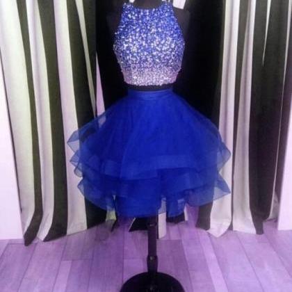 Sexy A Line Royal Blue Tulle Beaded Short..