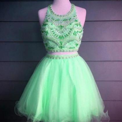 Fashion Two Pieces Green Tulle Beaded Short..