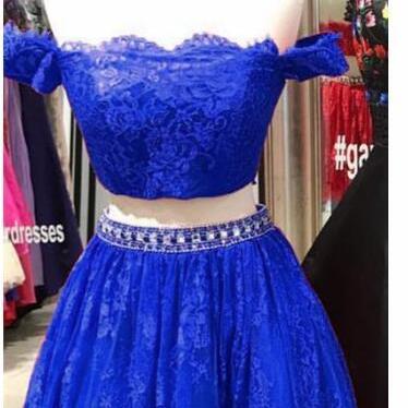 Two Pieces Royal Blue Lace Short Homecoming Dress..