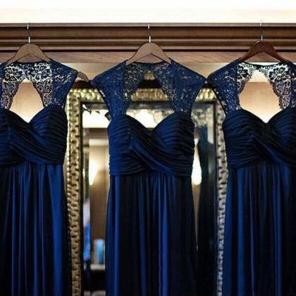 Fashion Dark Blue Lace Evening Dresses A Line Long..