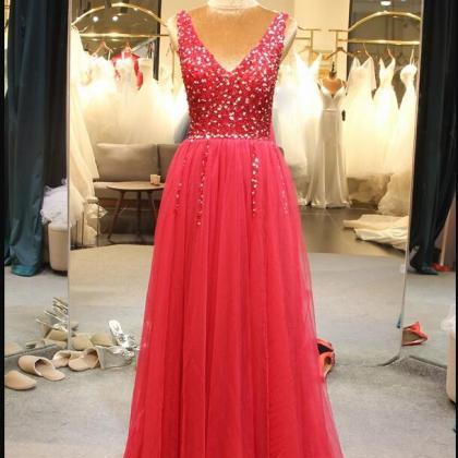 Luxury Beaded Crystal Tulle A Line Long Prom Dress..