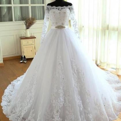 White Lace Long Sleeve Ball Gown Wedding Dresses..