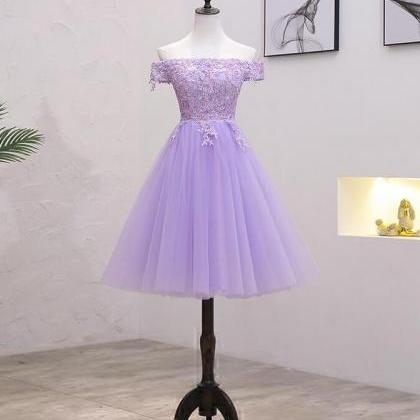 Off Shoulder Purple Tulle Lace Short Homecoming..