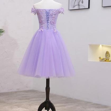 Off Shoulder Purple Tulle Lace Short Homecoming..