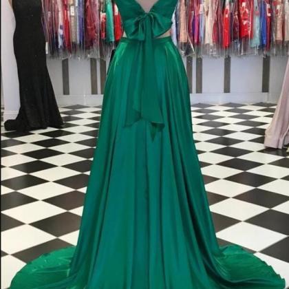 Green Satin Two Pieces Prom Dress A Line Girls..