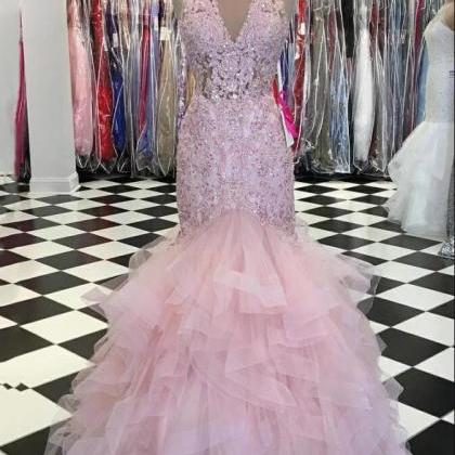 Luxury Ligh Pink Lace Aplliqued Formal Evening..