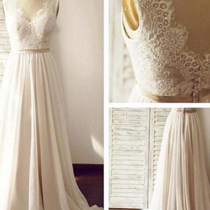 Lace Backless Beach Wedding Dresses, Chiffon Long..