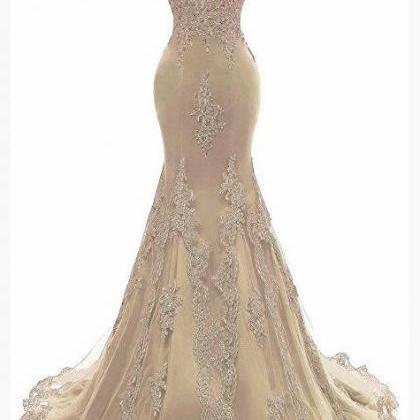 Off Shoulder Gold Tulle Lace Prom Dresses Mermaid..