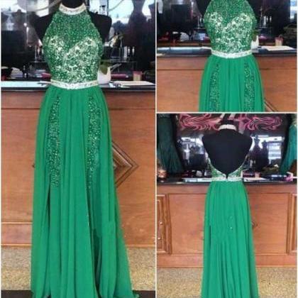 Green Chiffon Beaded Halter Neck Long Prom Dress A..