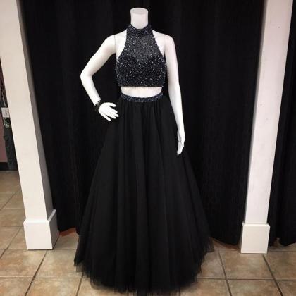 Sexy Black Beaded Two Pieces Long Prom Dress..