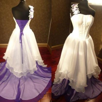 One Shoulder White And Purple China Wedding Dress..