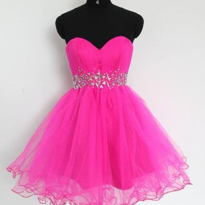 Off Shoulder Fuchsia Tulle Short Homecoming Dress..