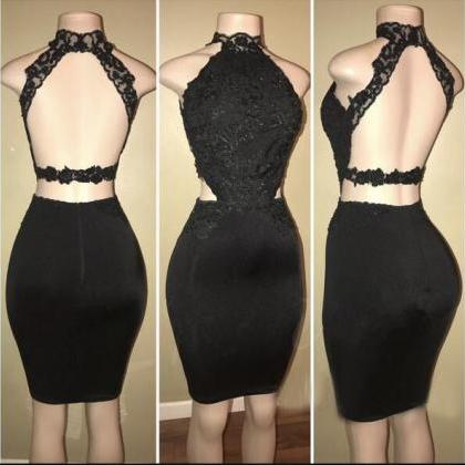 Sexy High Neck Black Lace Short Homecoming Dress..
