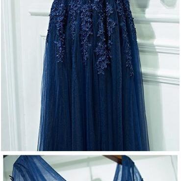 Dark Blue Lace Beaded Long Prom Dresses A Line..