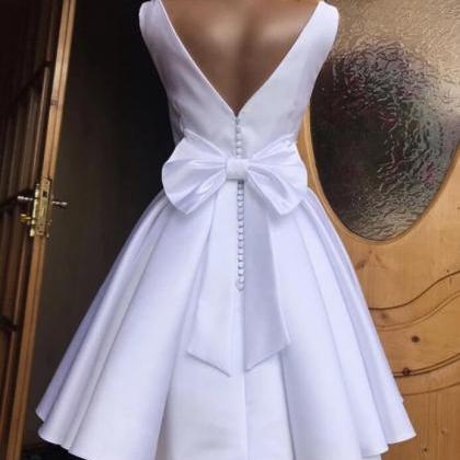 Simple White Satin Short Homecoming Dress With Bow..