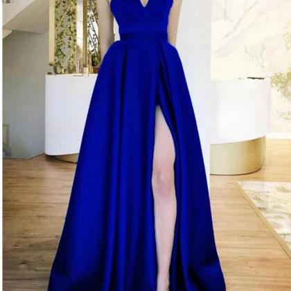 Royal Blue Satin Side Slit Long Prom Dress Floor..