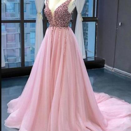 Elegant V-neck Beaded Long Prom Dresses Floor..