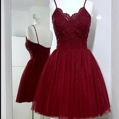 Cute Burgundy Lace Short Homecoming Dress A Line..