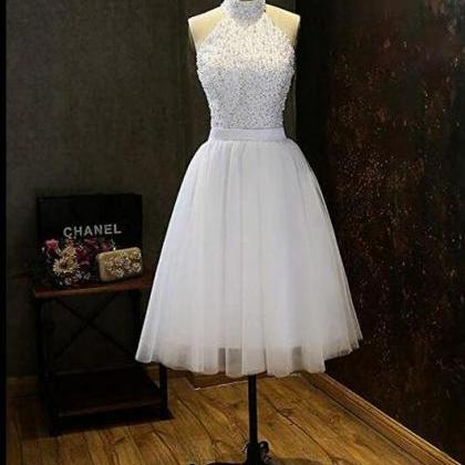 White Tulle Beaded Short Homecoming Dresses A Line..